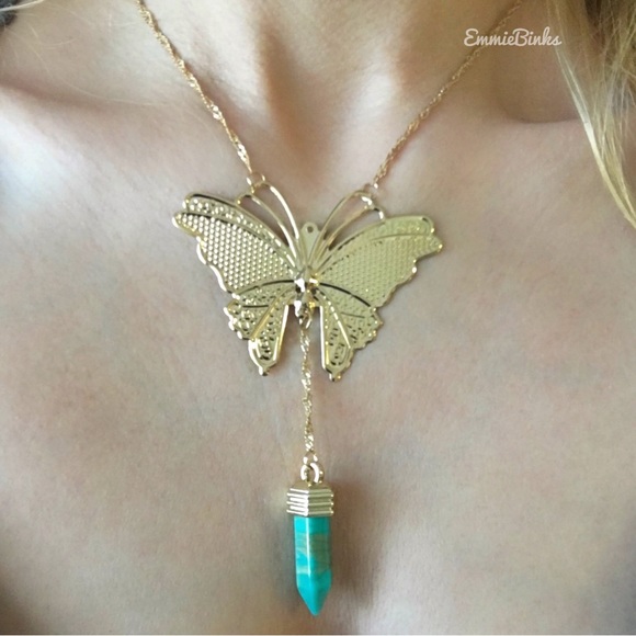 💥3for$28  New Golden Butterfly & Turquoise Marbled Crystal Charm Necklace - Picture 8 of 14